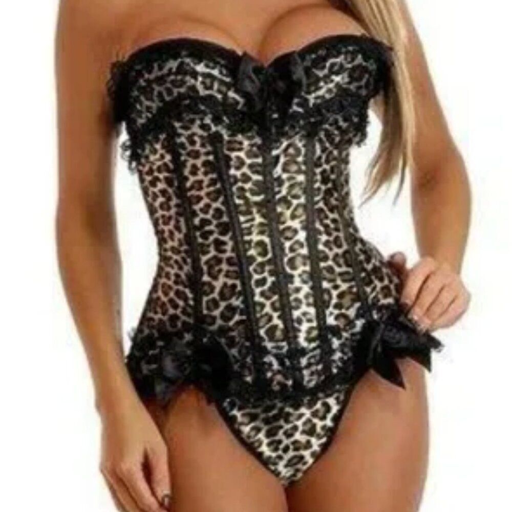 Daisy‎ Burlesque Leopard Corset Zippered Side Lace Trim PLUS 4XL NWT